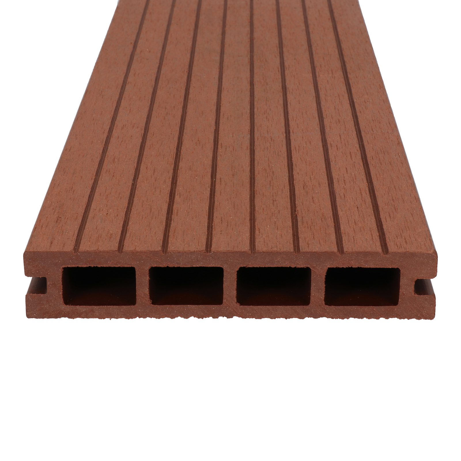 Cross-section of a brown composite decking board with grooves and internal chambers.